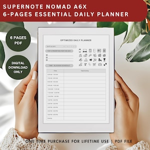 Può includere: Un download digitale di un planner giornaliero di 6 pagine in formato PDF. Il planner è ottimizzato per l'uso quotidiano e include sezioni per le priorità principali, il blocco del tempo e l'attività delle attività. Il planner è progettato per l'uso con un Supernote Nomad A6X.