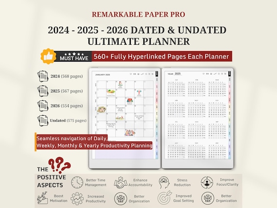 2024-2026 Remarkable Paper Pro Planner: Hyperlinked Daily Planner (PDF)