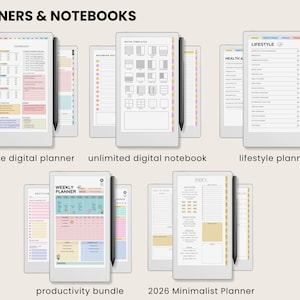 May include: Digital planners and notebooks are displayed, including an ultimate digital planner, an unlimited digital notebook, and a lifestyle planner. The image also shows a productivity bundle and a 2026 minimalist planner. Each planner is shown with a stylus.