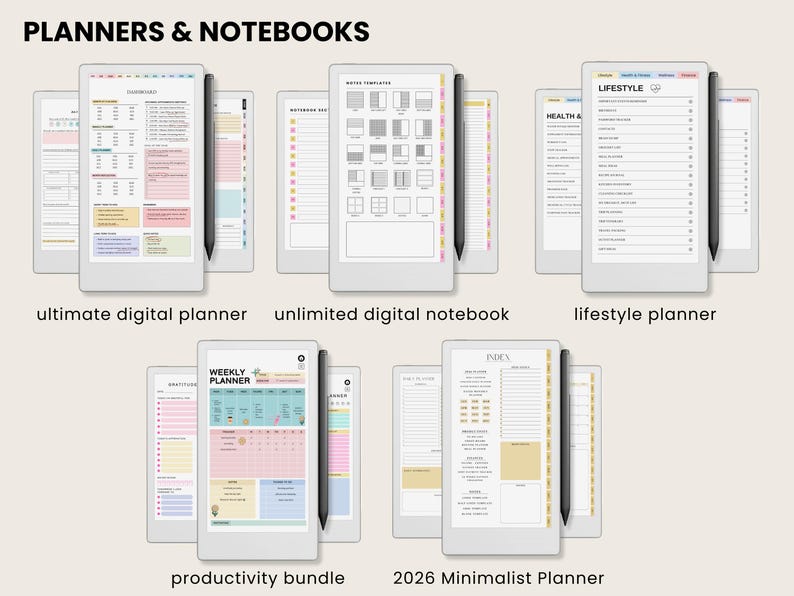 May include: Digital planners and notebooks are displayed, including an ultimate digital planner, an unlimited digital notebook, and a lifestyle planner. The image also shows a productivity bundle and a 2026 minimalist planner. Each planner is shown with a stylus.