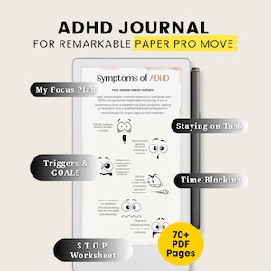 Op de afbeelding: ADHD-dagboek voor Remarkable Paper Pro Move. De afbeelding toont een digitale tablet met de tekst "Symptoms of ADHD" en andere labels zoals "My Focus Plan" en "Staying on Task". Een stylus staat naast de tablet. Het dagboek heeft 70+ PDF-pagina's.