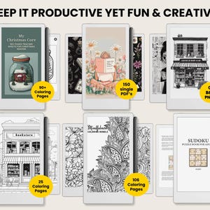 May include: An array of e-readers displaying various digital coloring books and puzzle books. Titles include "My Christmas Core", "Mindfulness Coloring Bundle", and "Sudoku Puzzle Book for Adults". The image also includes the text "KEEP IT PRODUCTIVE YET FUN & CREATIVE."