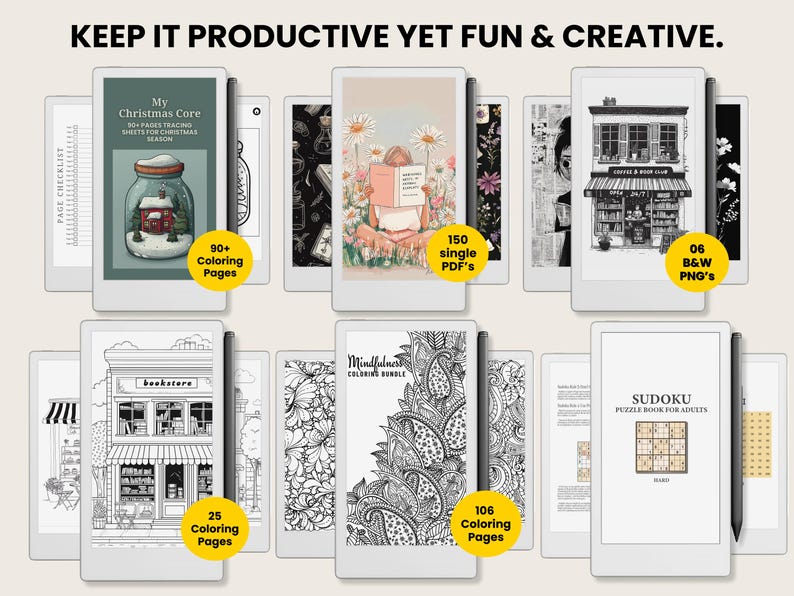 May include: An array of e-readers displaying various digital coloring books and puzzle books. Titles include "My Christmas Core", "Mindfulness Coloring Bundle", and "Sudoku Puzzle Book for Adults". The image also includes the text "KEEP IT PRODUCTIVE YET FUN & CREATIVE."