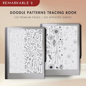 May include: Two black and white digital drawing tablets with a silver frame. The tablet on the left has a doodle pattern of food and kitchen items. The tablet on the right has a doodle pattern of flowers. The text "DOODLE PATTERNS TRACING BOOK" is at the top of the image. The text "100 PREMIUM PAGES | NO REPEATED SHEETS" is below the title.