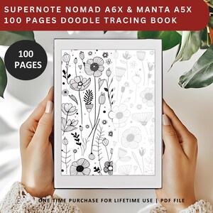 Op de afbeelding: Een zwart-witte digitale tekening van bloemen op een witte achtergrond. De tekening wordt weergegeven op een zwart-witte e-reader. De e-reader wordt vastgehouden door de handen van een persoon. De tekst op het scherm luidt "100 PAGES DOODLE TRACING BOOK".