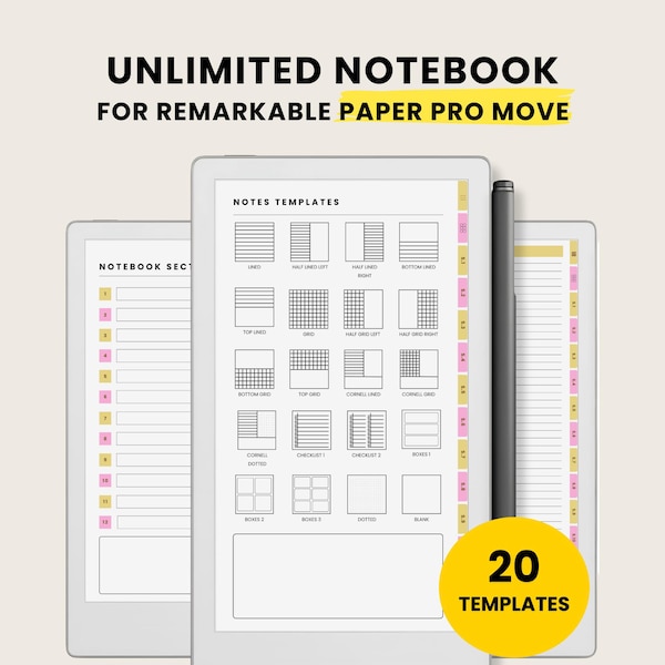 Digital Notebook for Remarkable Paper Pro Move: Hyperlinked Seamless Notebook with 20 Templates (PDF)