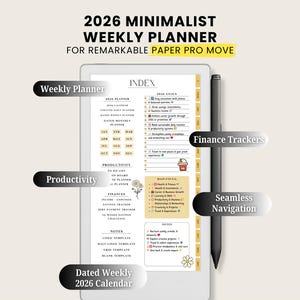 以下が含まれることがあります： Remarkable Paper Pro Move 用の 2026 年ミニマリスト ウィークリープランナー。週ごとの計画、生産性、財務追跡、シームレスなナビゲーションのためのセクションがあります。2026 年の日付入りカレンダーとインデックスが含まれています。