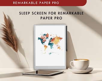 Pantalla de sueño con mapa mundial para Remarkable Paper Pro (descarga digital PNG)