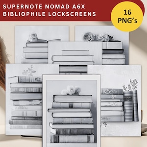 May include: A set of 16 black and white digital lock screen images for the Supernote A6X featuring stacks of books with floral accents.