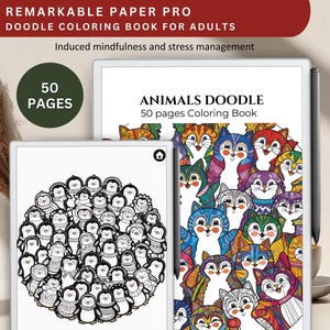 Doodle Art Coloring Book for remarkable Paper Pro device , Animals doodle art style for remarkable paper pro, template for remarkable Pro