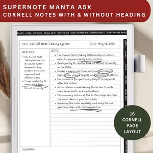 Könnte beinhalten: Ein digitales Tablet mit dem Cornell-Notizsystem. Der Bildschirm zeigt Thema, Datum, Hauptideen und Notizen. Das Tablet hat einen weißen Magnetständer und einen grünen Kreis mit dem Text "16 Cornell Page Layout".