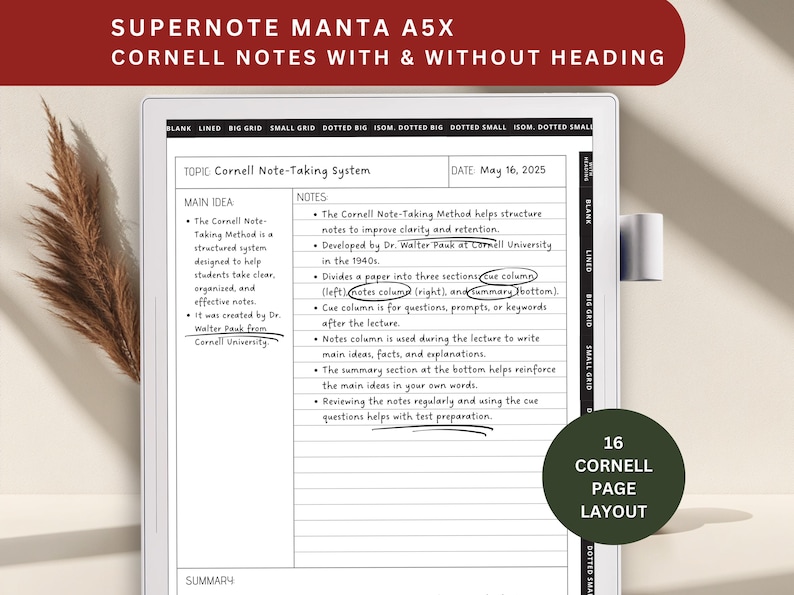 Supernote A5X Cornell Notes Template: Hyperlinked Manta Study (PDF ...