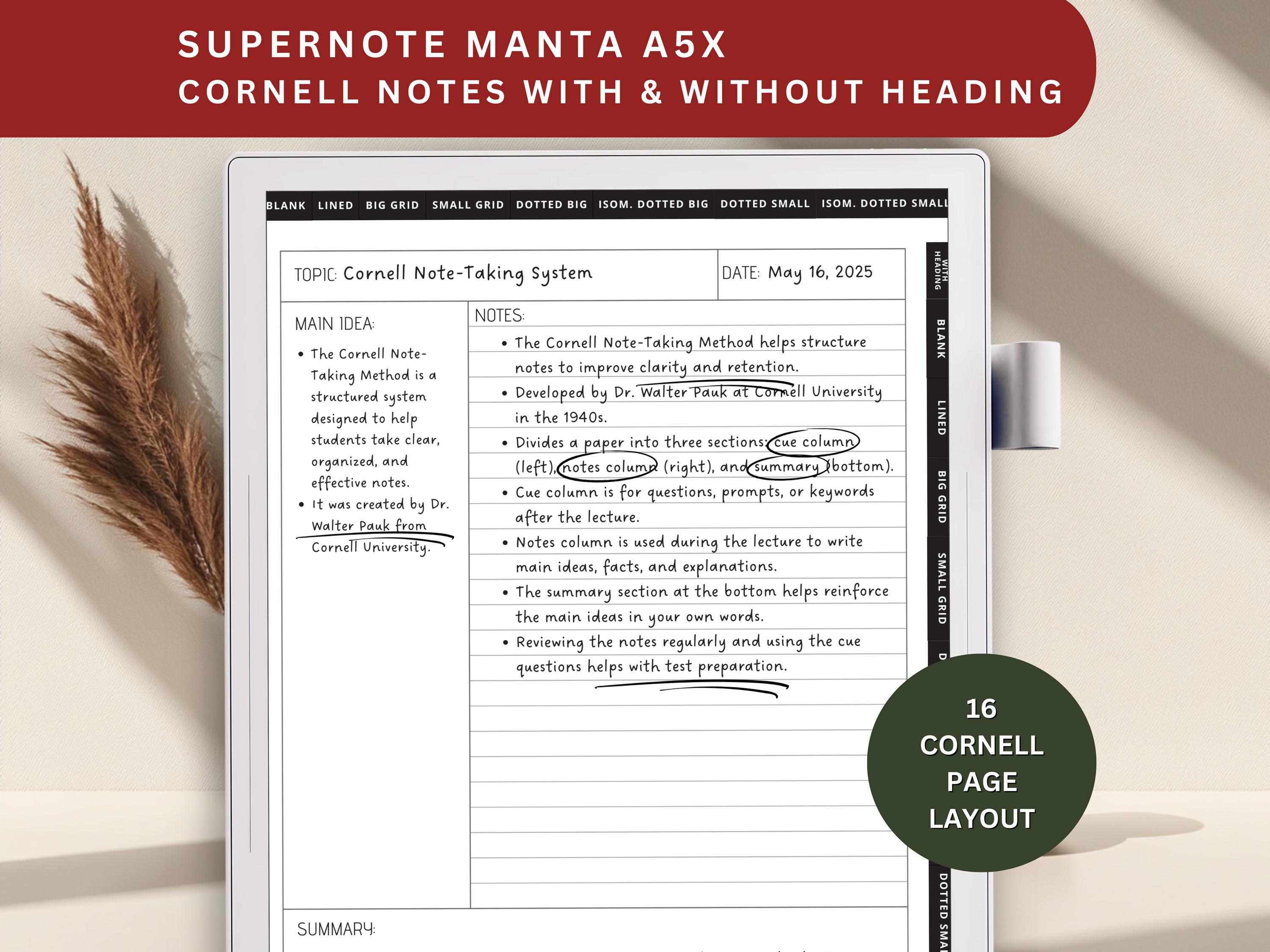 Supernote Notes Supernote A5X Cornell Notes Template: Hyperlinked Manta Study (PDF ...
