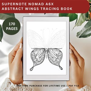 Op de afbeelding: Een zwart-witte illustratie van een vlinder met ingewikkelde vleugelpatronen. De afbeelding is op een witte achtergrond en maakt deel uit van een 170 pagina's tellend traceerboek voor de Supernote Nomad A6X.