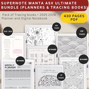 May include: A digital planner bundle for Supernote Manta A5X, featuring a weekly planner, index, notes templates, and colouring pages. The bundle includes 430 pages in PDF format and covers the years 2025 and 2026.