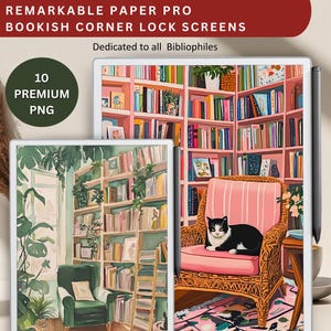 Op de afbeelding: Digitale kunst van een gezellige leeshoek met boekenplanken, een kat en een stoel. De afbeelding bevat de tekst "Remarkable Paper Pro Bookish Corner Lock Screens" en "Dedicated to all Bibliophiles". Een groene cirkel leest "10 Premium PNG".