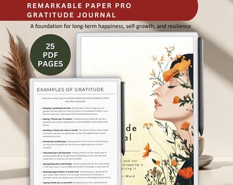May include: A digital gratitude journal with the text "REMARKABLE PAPER PRO GRATITUDE JOURNAL". The journal includes 25 PDF pages and examples of gratitude. The cover features a woman's profile with floral accents.