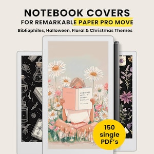 Può includere: Copertine per notebook per Remarkable Paper Pro Move, con temi Bibliofili, Halloween, Floreale e Natalizio. L'immagine mostra una persona che legge un libro circondata da fiori. Include 150 PDF singoli.