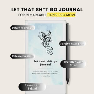 May include: A digital tablet with the text "LET THAT SH*T GO JOURNAL" and a butterfly design. The tablet is accompanied by a stylus and several callouts with phrases like "Power of Release" and "Declutter Your Mind."