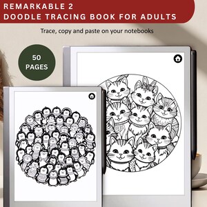 May include: Two black and white digital drawing pages on a Remarkable 2 tablet. The left page shows a circle of penguins, and the right page shows a circle of cats.