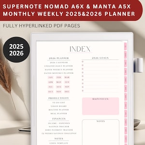 May include: A digital planner index page with a white background and pink accents. The index includes sections for 2026 planner, productivity, finances, and notes. The text "INDEX" is at the top of the page.
