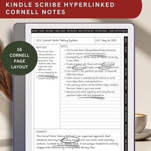 May include: Digital Cornell Notes template for Kindle Scribe, featuring a 16-page layout. The notes are designed to improve clarity and retention, with sections for cues, notes, and summaries. The template includes the text "Cornell Note-Taking System".