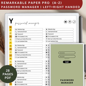 May include: A printable password manager for the Remarkable tablet. The image shows a page with a list of fields for website, username, email, password, 2FA enabled, backup codes, and last updated date. The page is labeled "Y" and "password manager". The image also shows a login screen with the text "PASSWORD MANAGER".