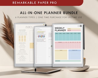May include: A digital planner bundle for the Remarkable Paper Pro tablet. The bundle includes six different planner types, including a weekly planner, a daily planner, and an index. The planners are designed in a minimalist style with pastel colors and a modern font.