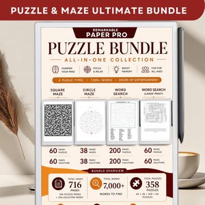 Puede incluir: Una tableta digital que muestra un paquete de rompecabezas y laberintos para Remarkable Paper Pro. La pantalla presenta laberintos cuadrados, circulares y sopas de letras con 716 páginas, 7,000+ palabras y 358 rompecabezas en total.