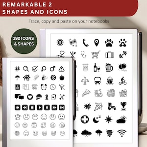 Iconen en vormen voor opmerkelijk 2, sjablonen voor opmerkelijk apparaat | Grafieken Mindmaps Sticky Notes Emoji's voor opmerkelijk | Overtrekbladen