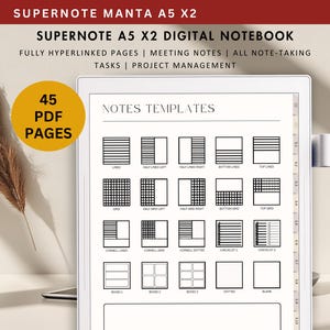May include: A white laptop screen displaying a digital notebook with 45 different note-taking templates. The templates include lined, grid, Cornell notes, checklist, and boxes. The text on the screen reads "SUPERNOTE A5 X2 DIGITAL NOTEBOOK" and "NOTES TEMPLATES".