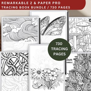 Op de afbeelding: Een set van zes zwart-wit kleurplaten voor de Remarkable 2 en Paper Pro tablets. De pagina's bevatten ingewikkelde ontwerpen van golven, bloemen, paddenstoelen en paisley-patronen. De tekst "730 Tracing Pages" is zichtbaar in het midden van de afbeelding.