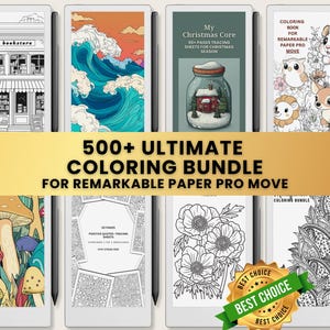 May include: A collection of digital coloring pages displayed on e-readers. The images include illustrations of a bookstore, ocean waves, a snow globe with a house, and various animals. Text on the image reads "500+ ULTIMATE COLORING BUNDLE FOR REMARKABLE PAPER PRO MOVE."
