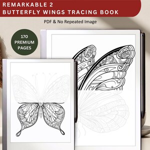 May include: Two digital drawing tablets with a black and white butterfly design. The tablet on the left has a completed butterfly design, while the tablet on the right has a partially completed butterfly design. The text "170 PREMIUM PAGES" is visible on the tablet on the left. The text "REMARKABLE 2 BUTTERFLY WINGS TRACING BOOK PDF & No Repeated Image" is visible at the top of the image.
