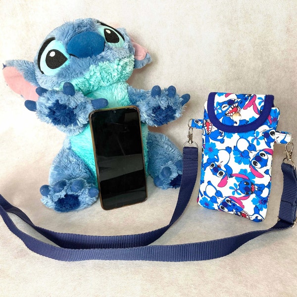 Stitch fabric phone pouch with with adjustable crossbody strap, phone case, padded smartphone sleeve.