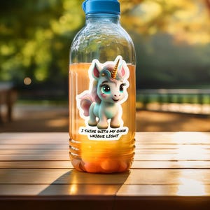 以下が含まれることがあります： 青いキャップが付いた透明なプラスチック製の水筒にオレンジ色の液体が入っています。ボトルには、金色の角とピンクのたてがみを持つユニコーンのステッカーが貼られており、その下に「I SHINE WITH MY OWN UNIQUE LIGHT」というテキストが印刷されています。