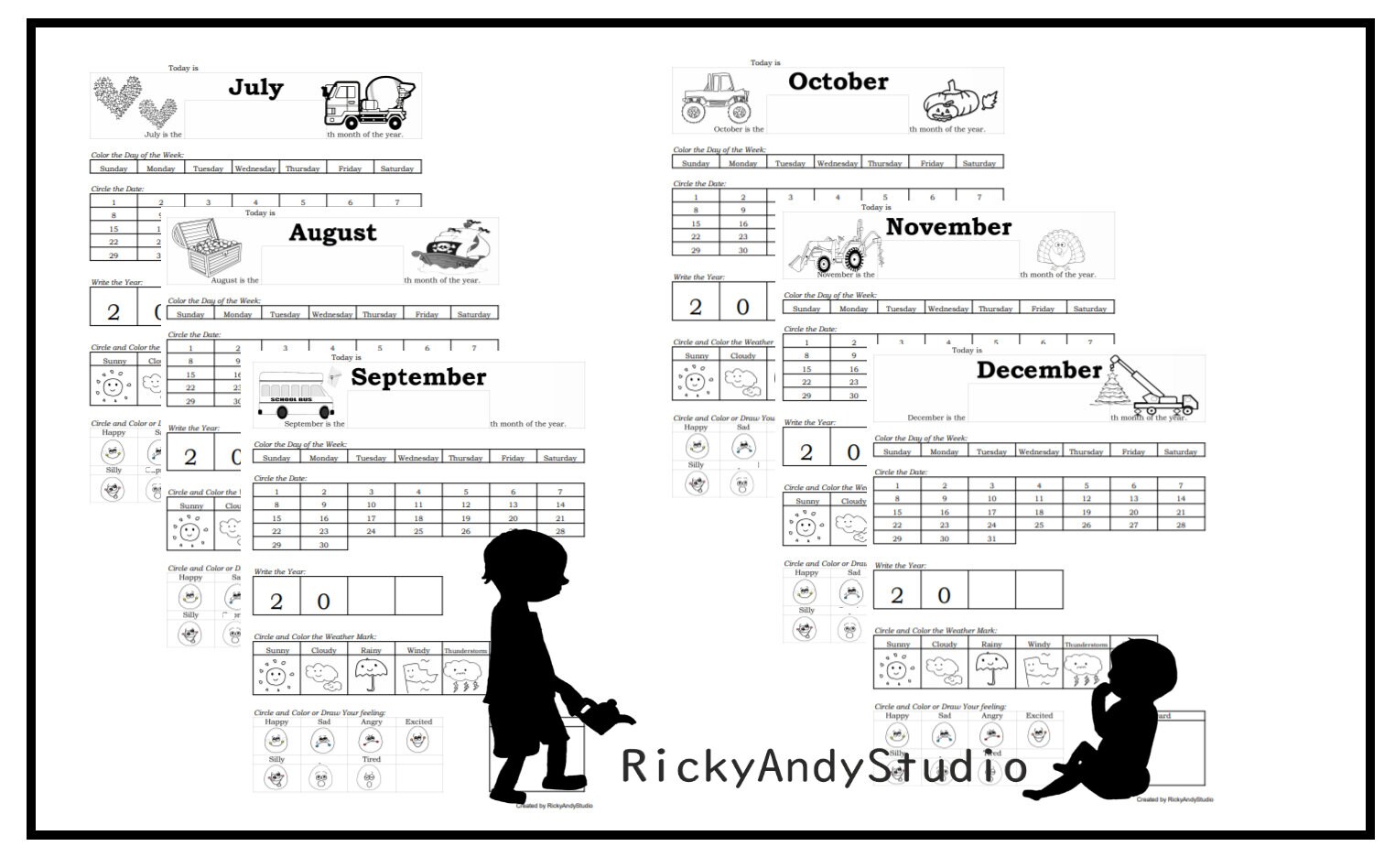 12 Preschool Kindergarten Calendar Worksheet Pages Year | Etsy