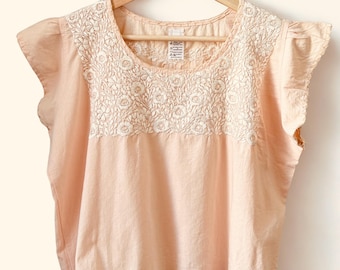 Handmade Light Peach Manta Cotton Blouse | Floral Embroidered Huipil Top