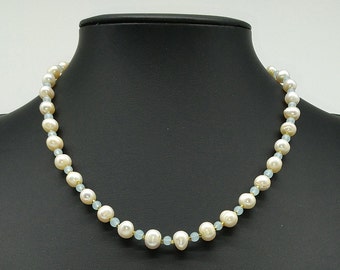 40049 Halskette mit Süßwasser-Perlen und Aquamarin-Perlen, Collier, Geschenk für Frauen
