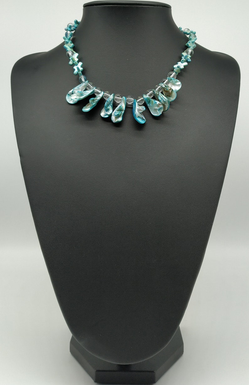gift for women. Necklace with turquoise blue shell elements and clear glass crystals necklace