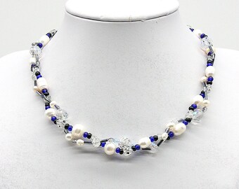 40179 2 strand fashion necklace with inky blue and clear glass crystals and freshwater pearls