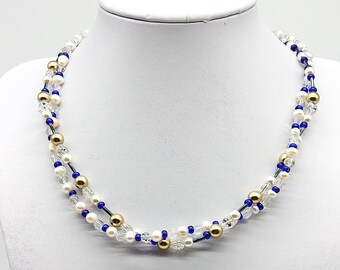 40191 2 strand fashion necklace with freshwater pearls and dark blue glass beads