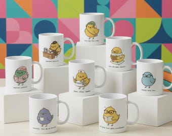 Choice of Chubby Bird Coffee Mugs, Kawaii Bird Designs, Ceramic Drinkware
