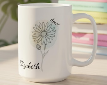 April Birth Flower Mug, Daisy Personalized Gift, Custom Name Mug, Floral Birthday Watercolor Cup