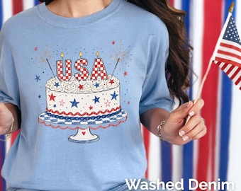 USA Birthday Cake Shirt, 250th Anniversary Tee, Patriotic Doodle Shirt, Fourth of July Tshirt, Retro USA Graphic Tee