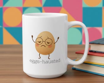 Taza de café y té con diseño de huevo agotado, taza con juego de palabras divertido sobre comida, regalo sarcástico para amantes de la comida.
