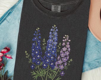 Blue Larkspur Shirt, Vintage Floral Tshirt, Cottagecore Shirt, Delphimium Flower Gift, Wildflower Shirt