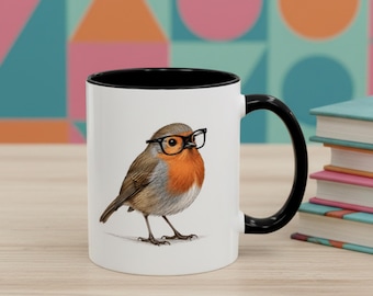 Robin Red Breast Mug, Bird With Glasses, Funny Bird Coffee Mug, Bird Lover Gift