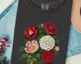 Vintage Floral Camellia Shirt, Botanical Illustration Tshirt, Cottagecore Wildflower Top