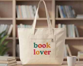 Book Lover Zippered Tote Bag, Canvas Bookish Bag, Book Lover Gift, Large Everyday Tote, Book Club Tote, Gift for Readers